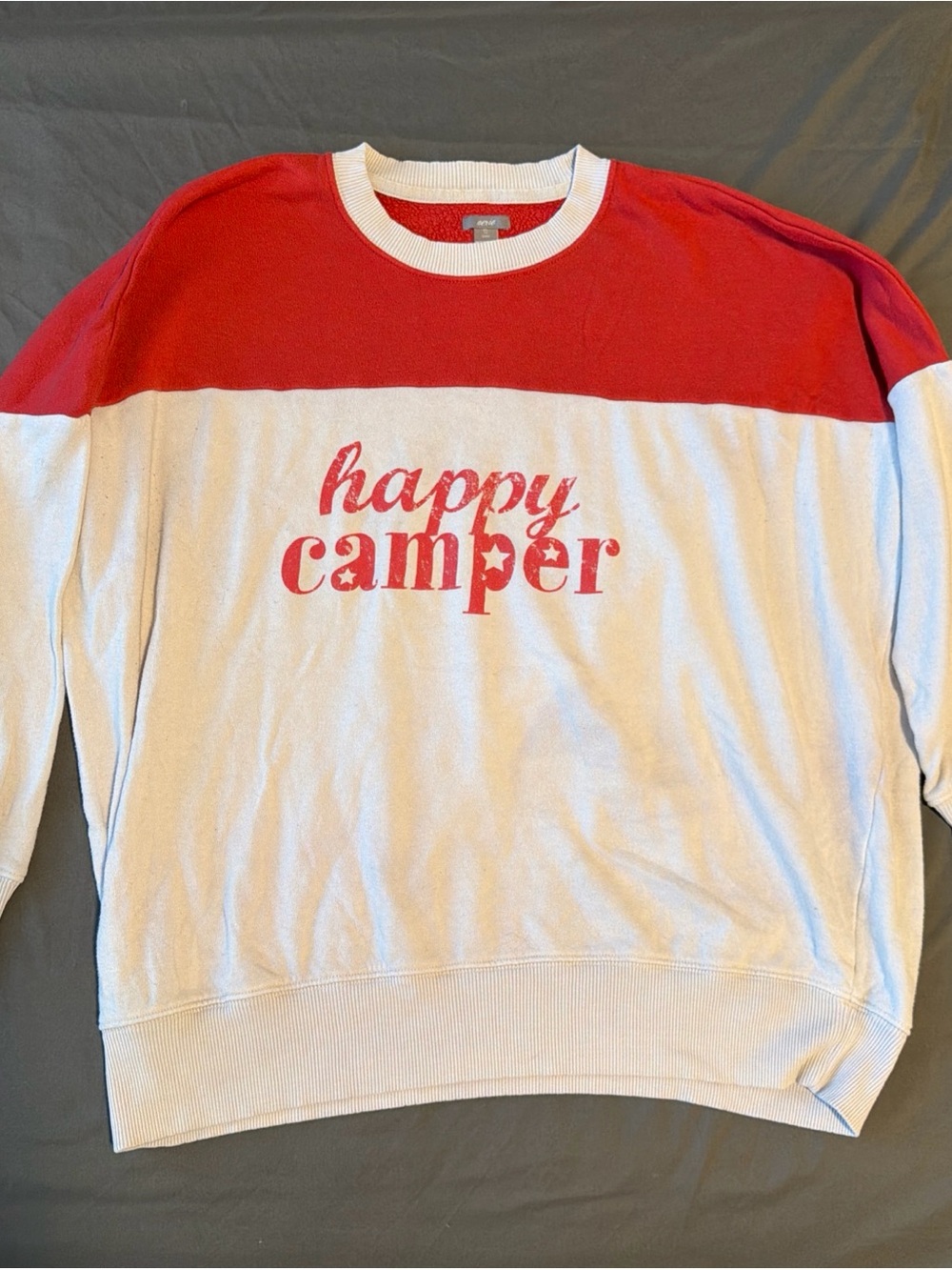 aerie Red and White 'Happy Camper' Colorblock Crewneck Sweater